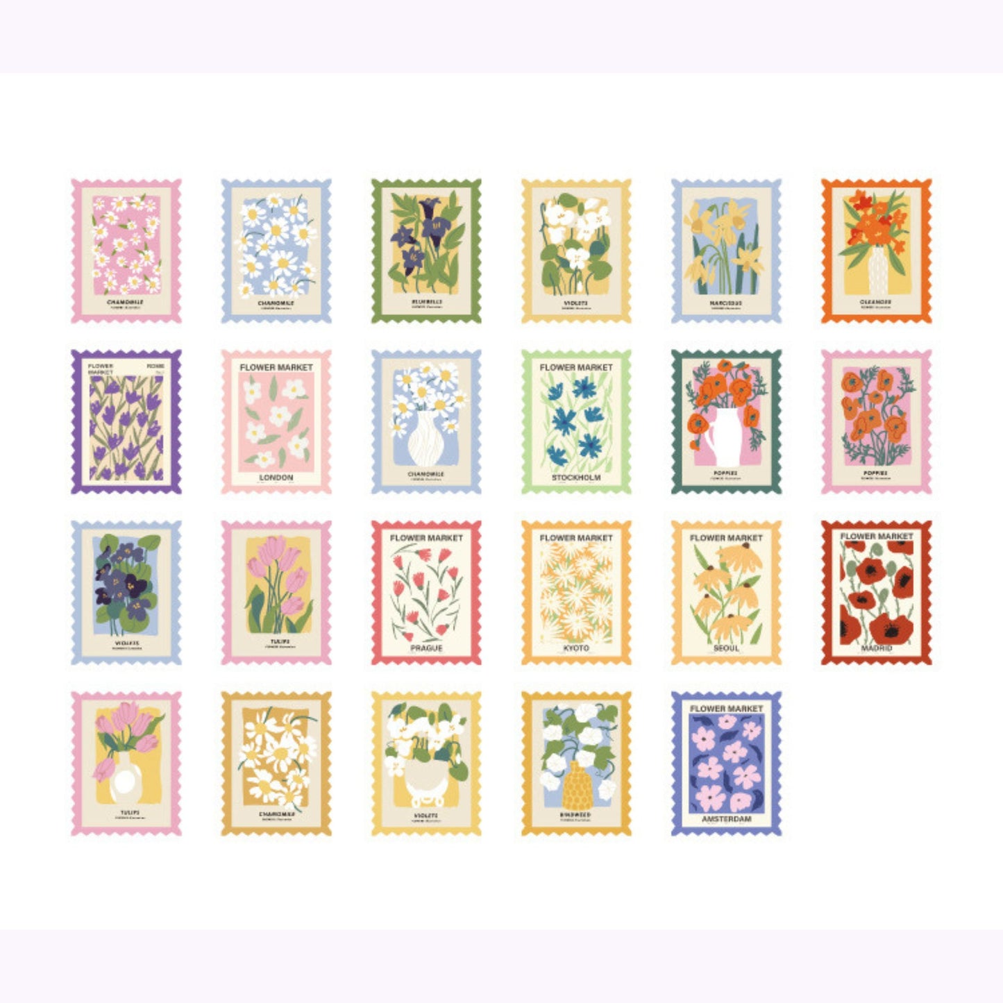 Flower stamps stickers set - 46 peel off stickers