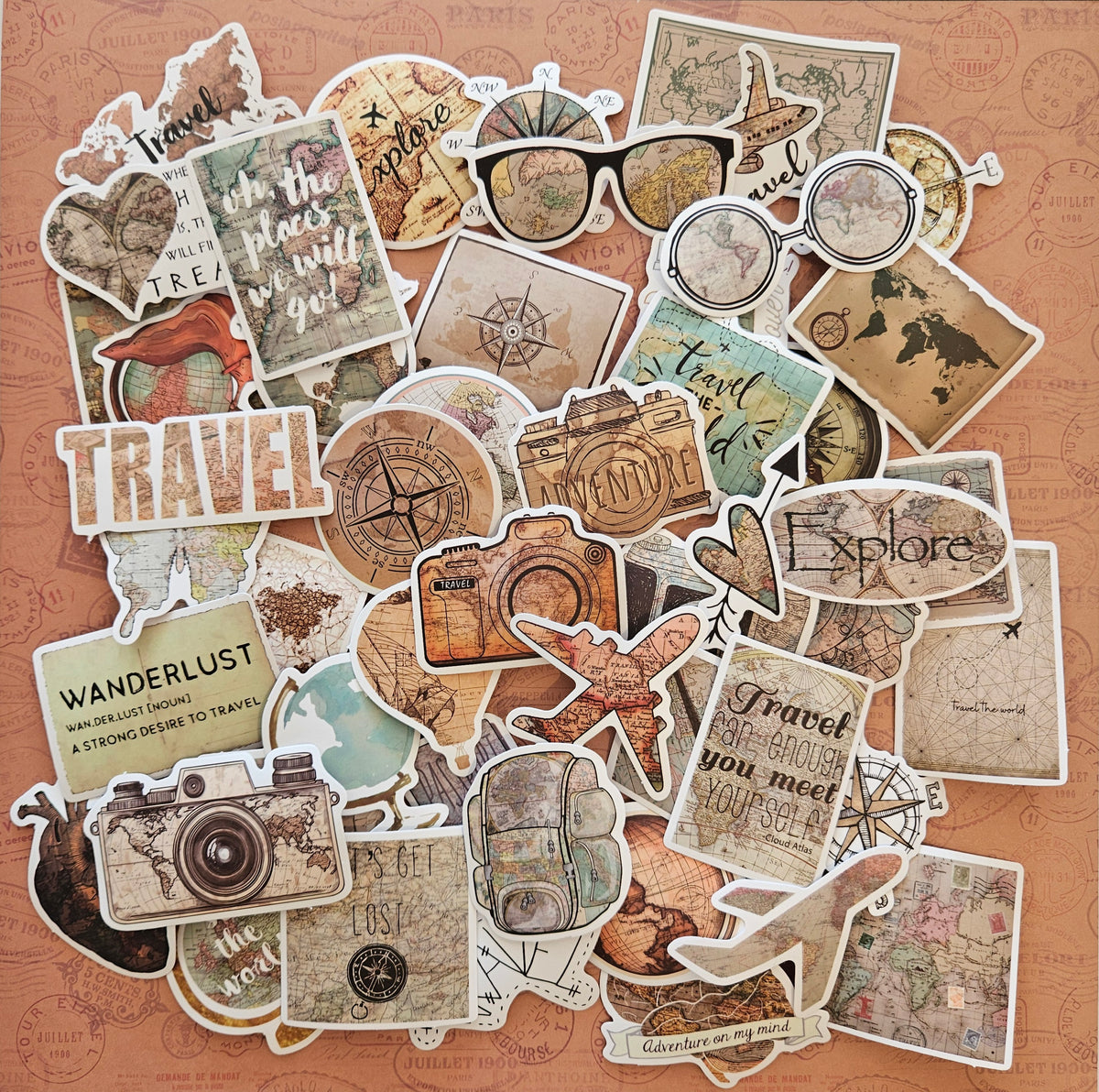 Travel Stickers | 20 Retro Travel Stickers | Map & Adventure Stickers | Junk Journal Scrapbook Stickers | Wanderlust