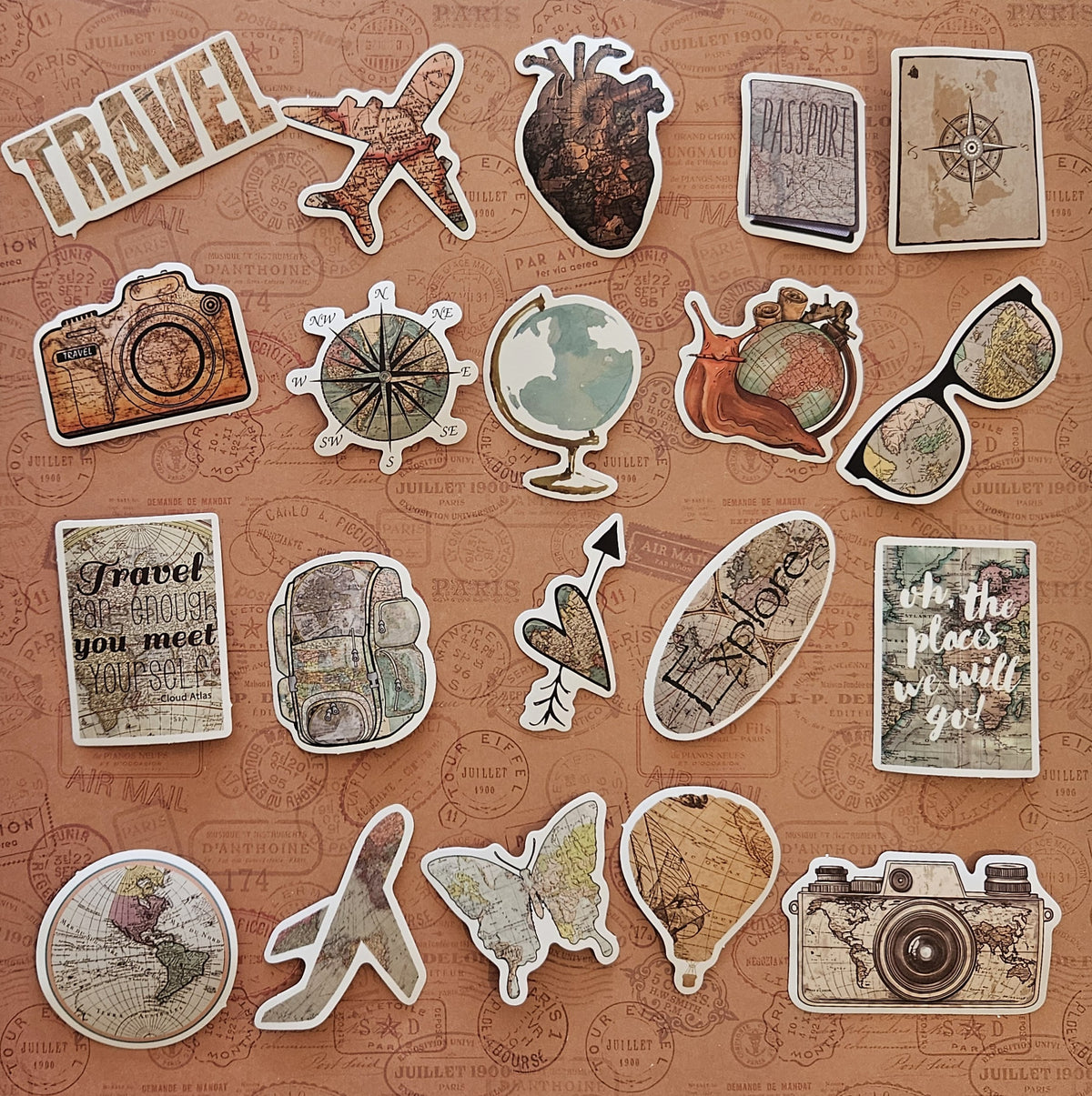 Travel Stickers | 20 Retro Travel Stickers | Map & Adventure Stickers | Junk Journal Scrapbook Stickers | Wanderlust