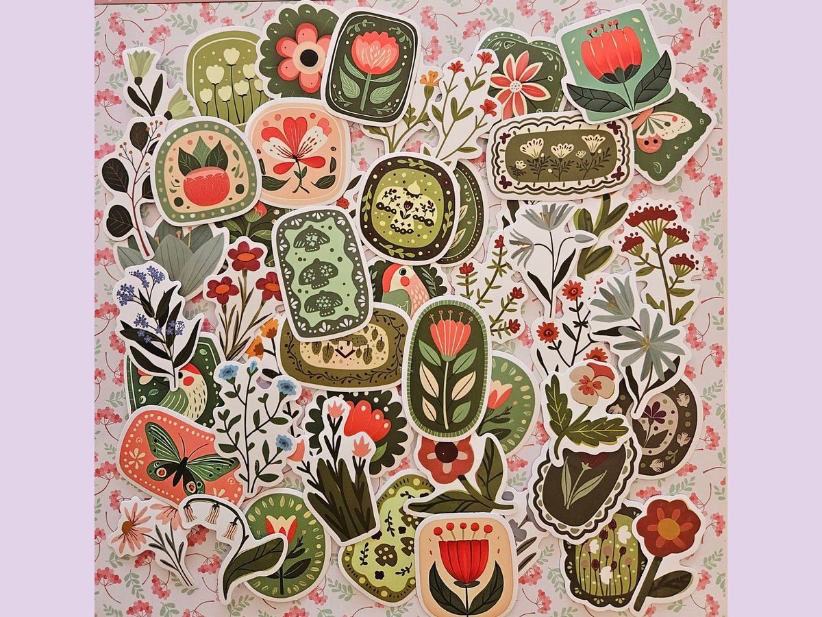 Vintage Botanical Stickers, 20 Retro Floral Stickers