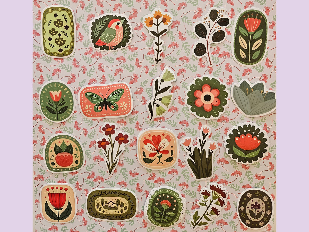 Vintage Botanical Stickers, 20 Retro Floral Stickers