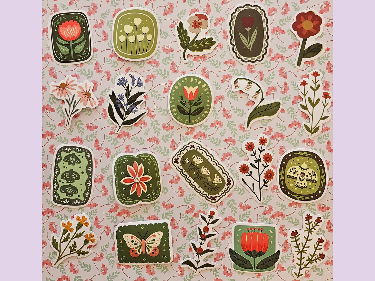Vintage Botanical Stickers, 20 Retro Floral Stickers