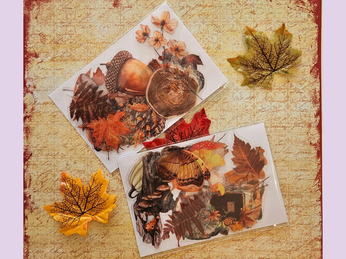 Woodland PET Stickers Bundle of 25, Autumn Mushrooms, Leaves & Nature Stickers for Journaling and Scrapbooking