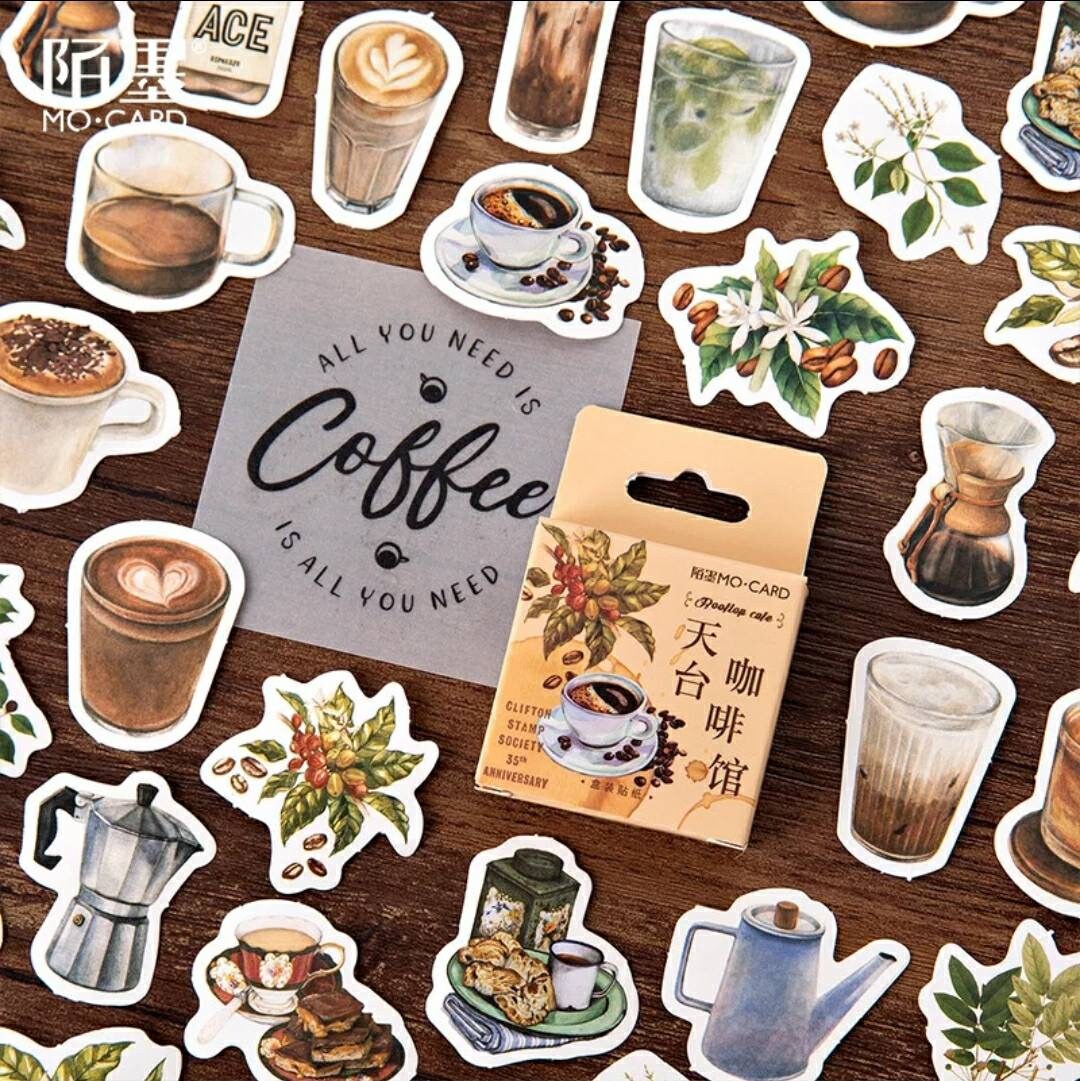 Coffee lover sticker set - 46 peel off stickers - journal, scrapbook, planner