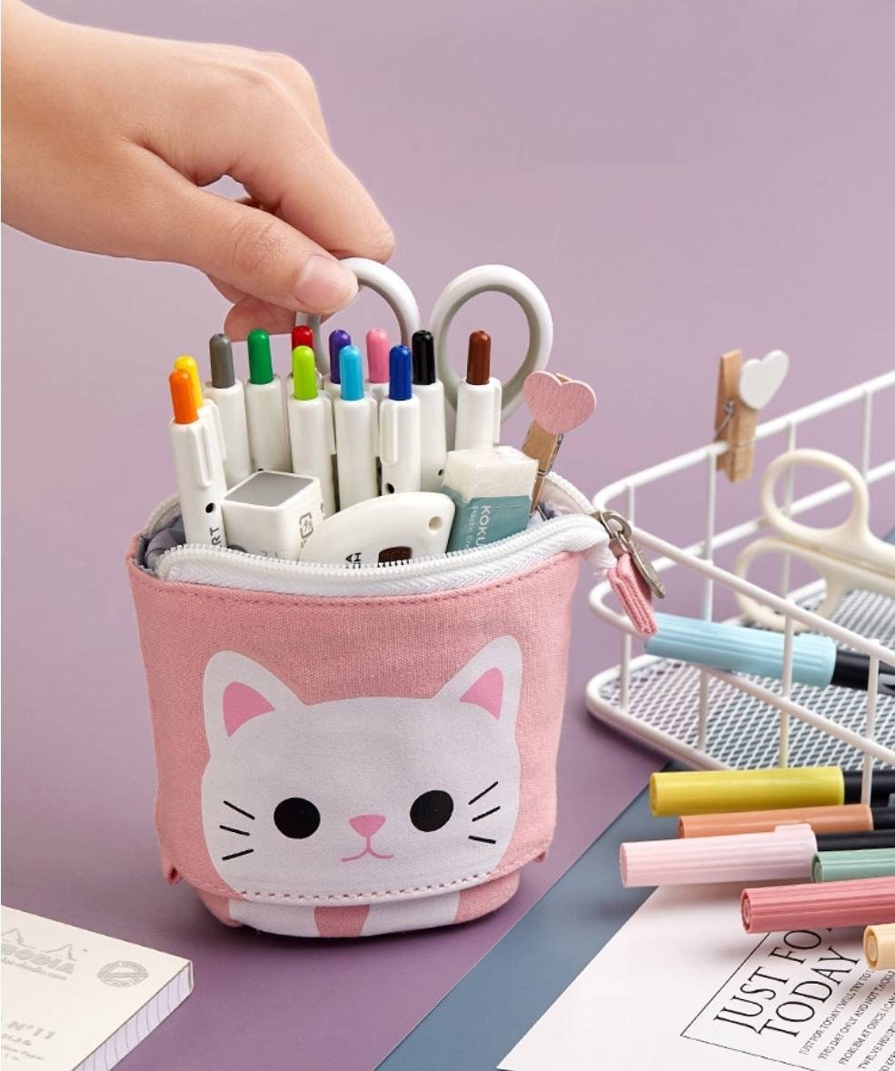 Pop up pencil case, sliding, retractable pencil case - cat and bear designs