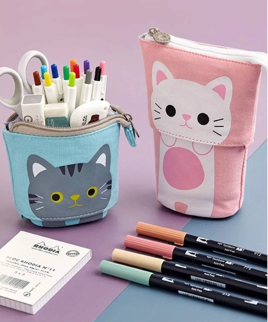 Pop up pencil case, sliding, retractable pencil case - cat and bear designs