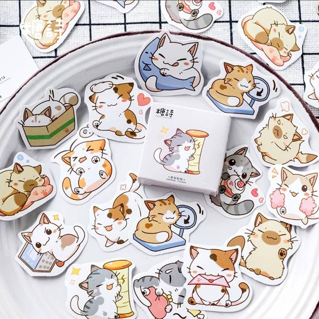 Cute cat sticker set, kawaii cat sticker box - 45 stickers