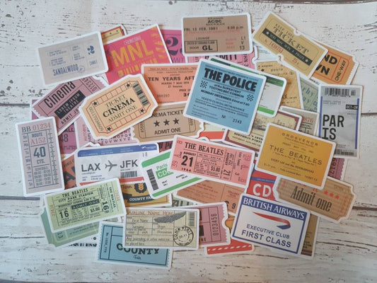 Tickets stickers set - 20pcs(random) - retro, travel, concert, cinema tickets - decorate notebooks, bottles, suitcase, Laptop