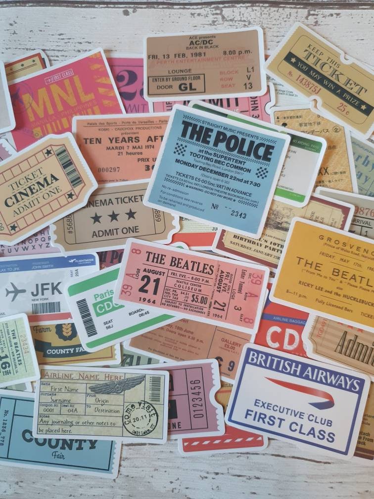 Tickets stickers set - 20pcs(random) - retro, travel, concert, cinema tickets - decorate notebooks, bottles, suitcase, Laptop