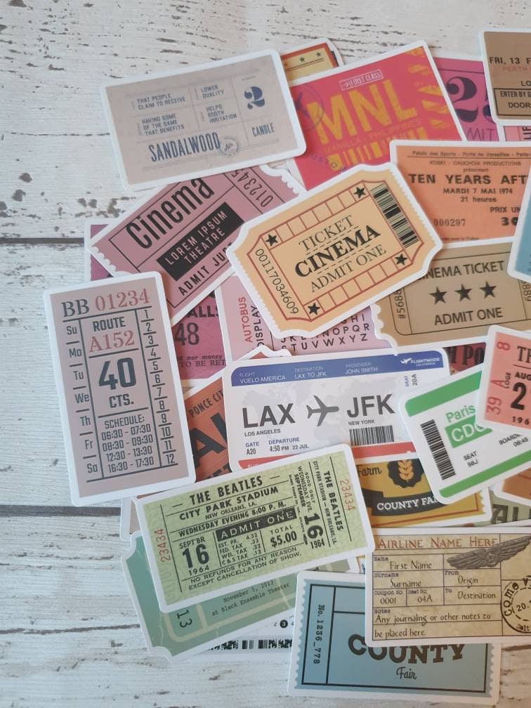 Tickets stickers set - 20pcs(random) - retro, travel, concert, cinema tickets - decorate notebooks, bottles, suitcase, Laptop