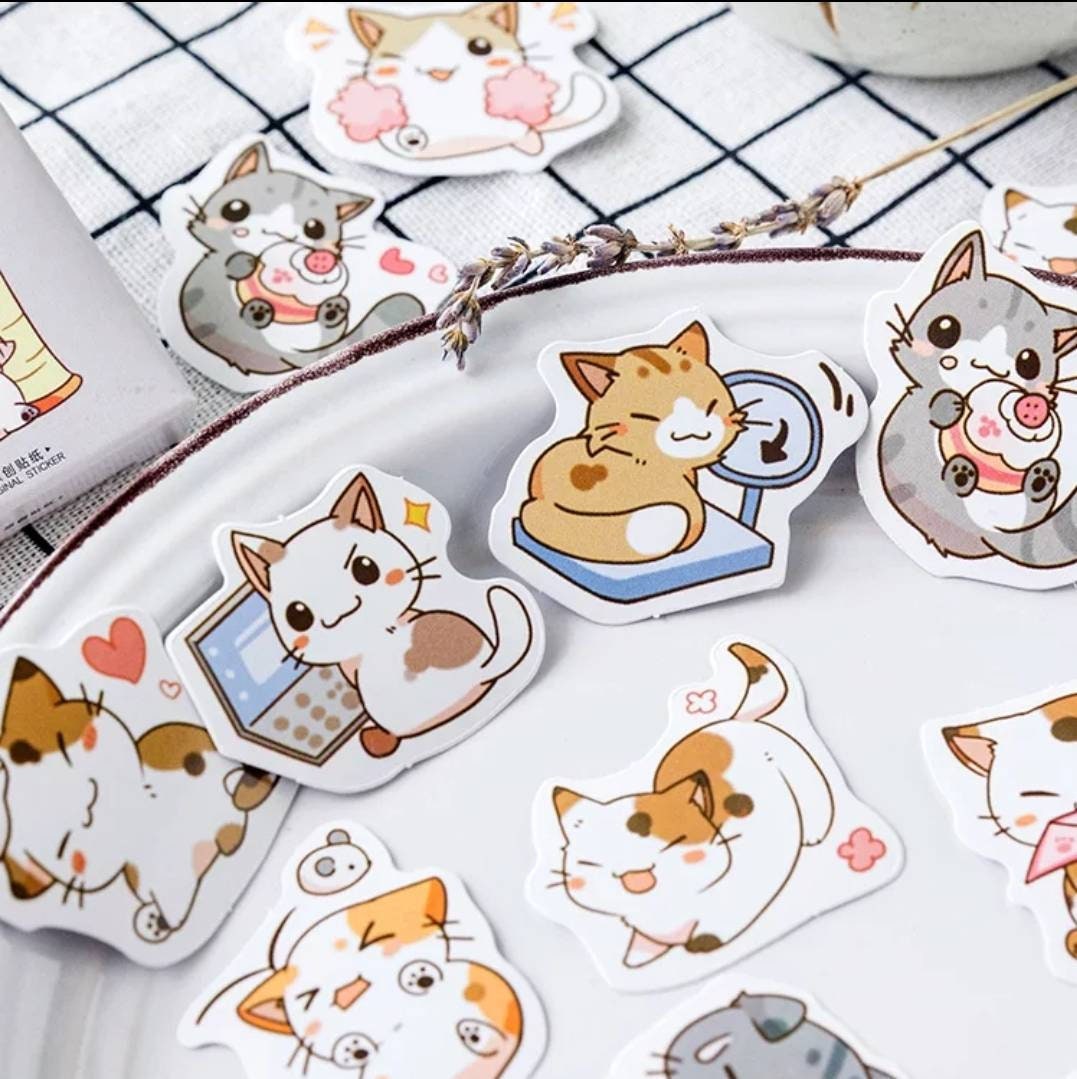 Cute cat sticker set, kawaii cat sticker box - 45 stickers