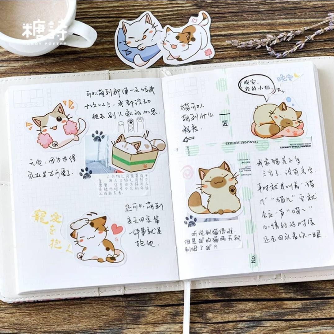 Cute cat sticker set, kawaii cat sticker box - 45 stickers