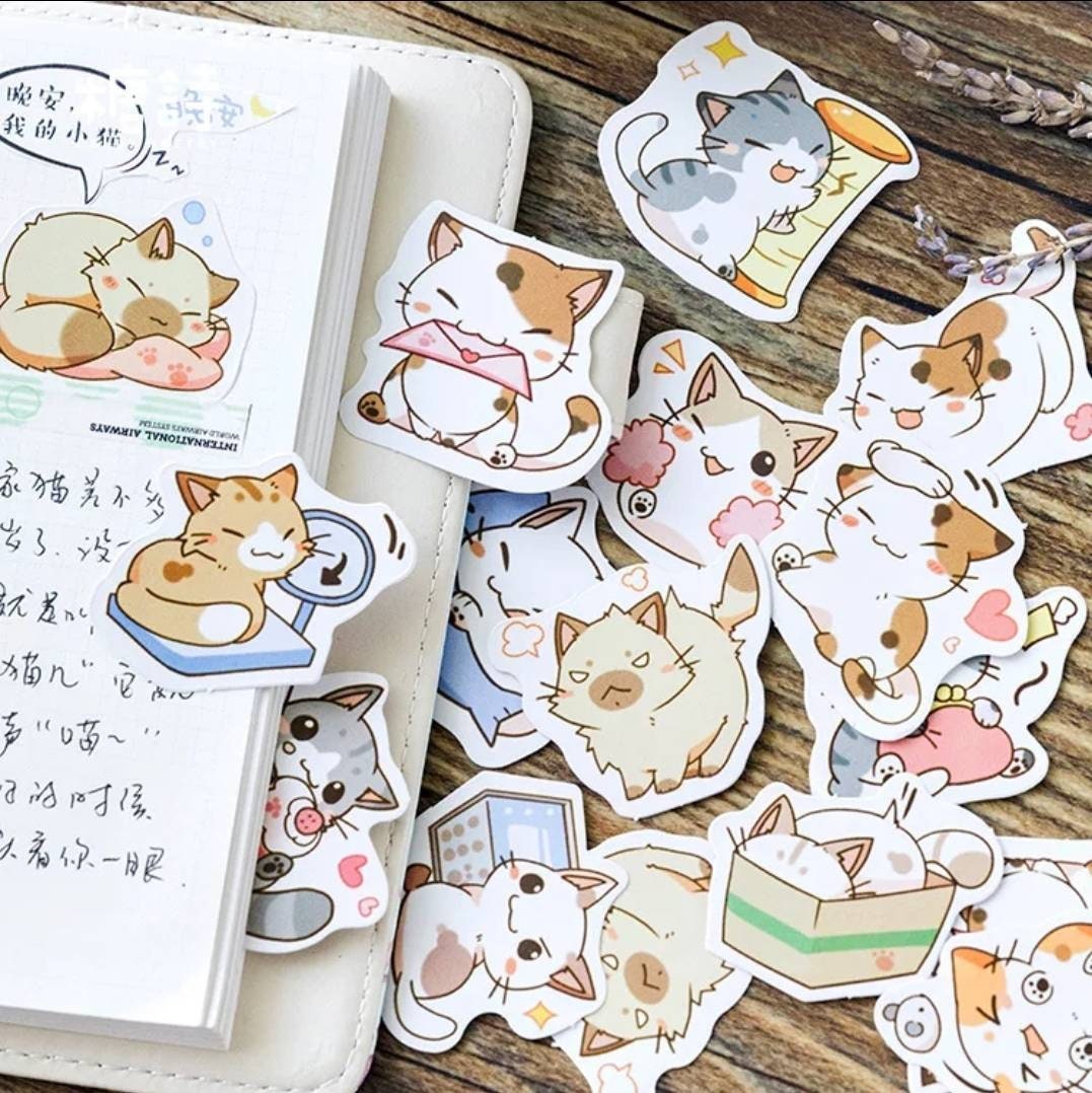 Cute cat sticker set, kawaii cat sticker box - 45 stickers