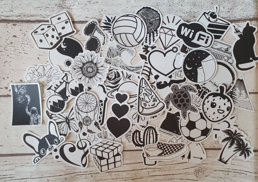 Black and white aesthetic stickers set - 20 pcs (random) - decorate notebooks, bottles, suitcase, Laptop, journal