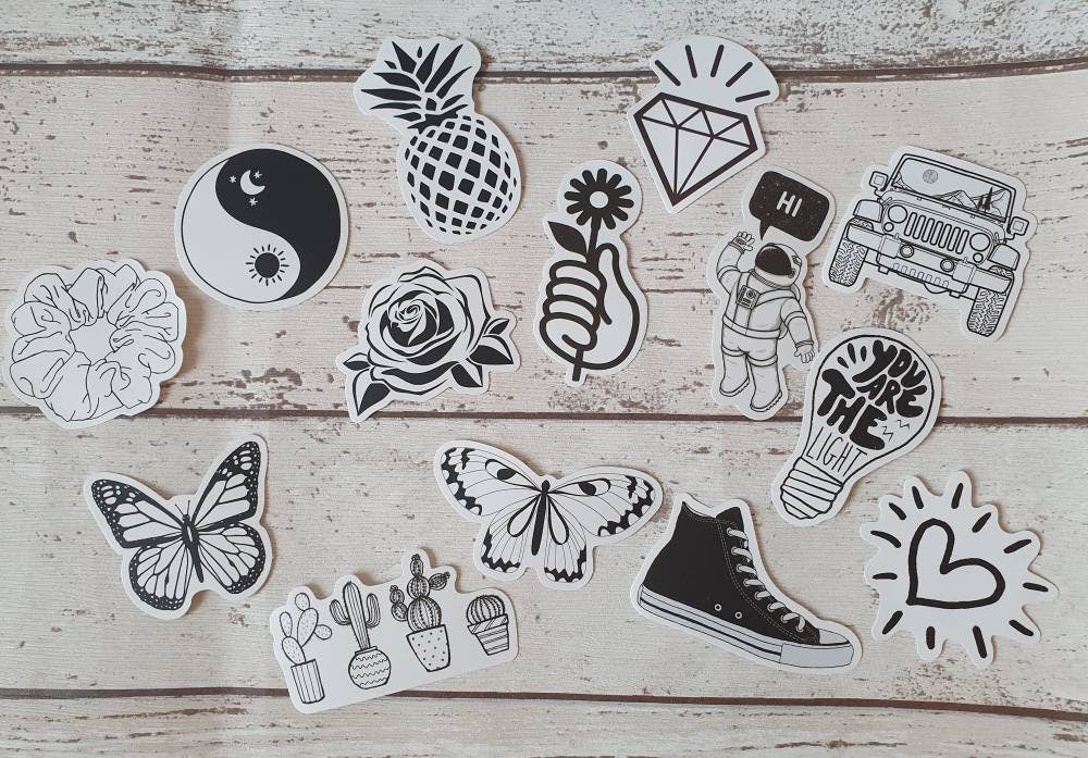 Black and white aesthetic stickers set - 20 pcs (random) - decorate notebooks, bottles, suitcase, Laptop, journal