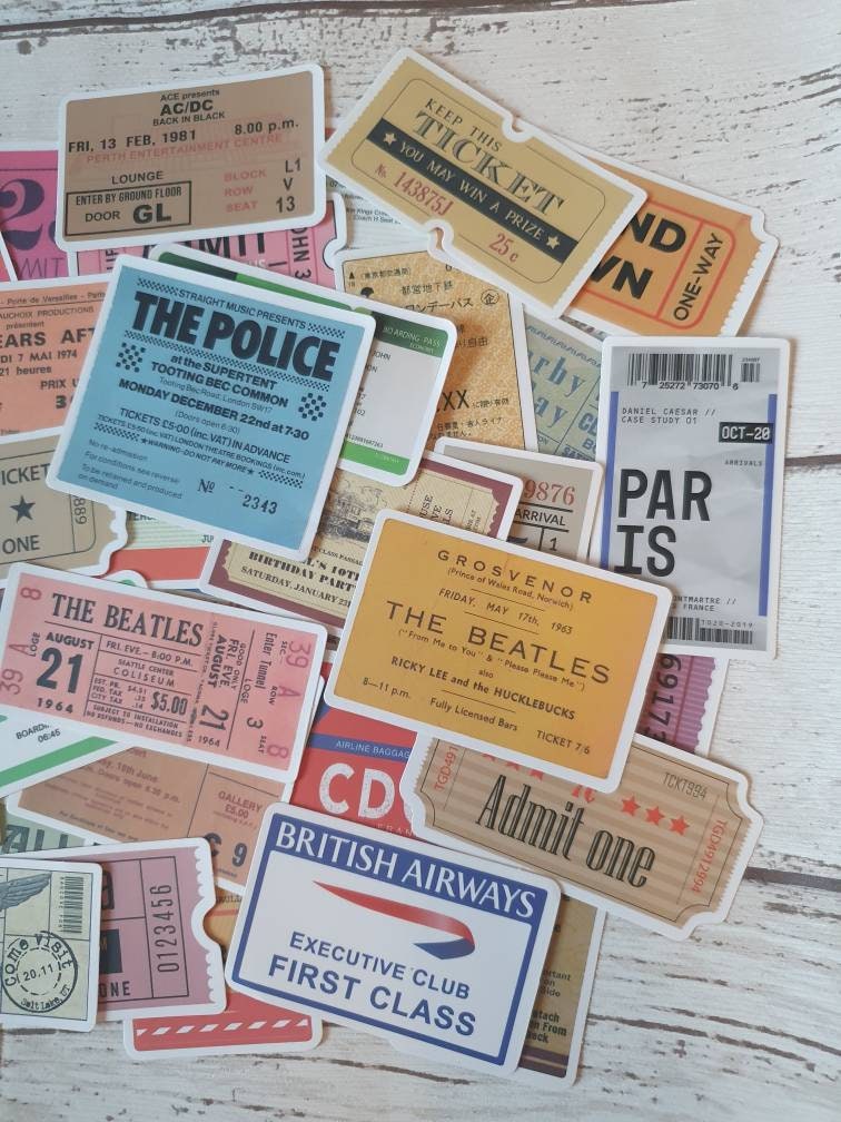 Tickets stickers set - 20pcs(random) - retro, travel, concert, cinema tickets - decorate notebooks, bottles, suitcase, Laptop