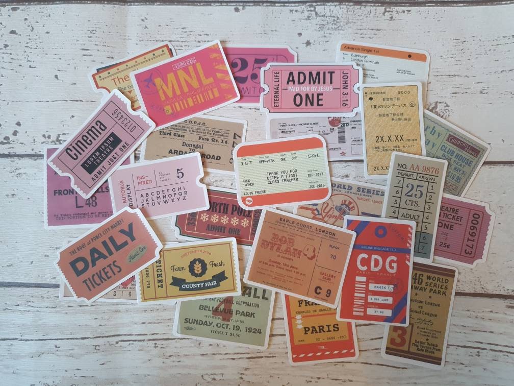 Tickets stickers set - 20pcs(random) - retro, travel, concert, cinema tickets - decorate notebooks, bottles, suitcase, Laptop