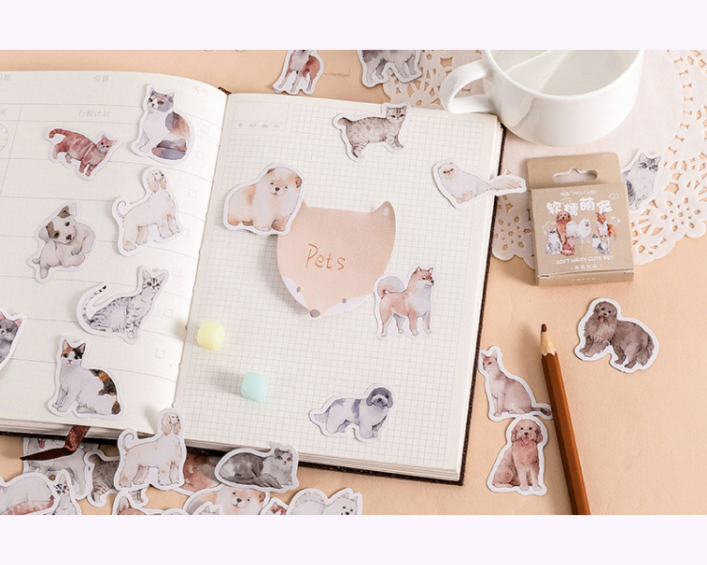 Cute cats and dogs sticker set, kawaii sticker pack - 45pcs