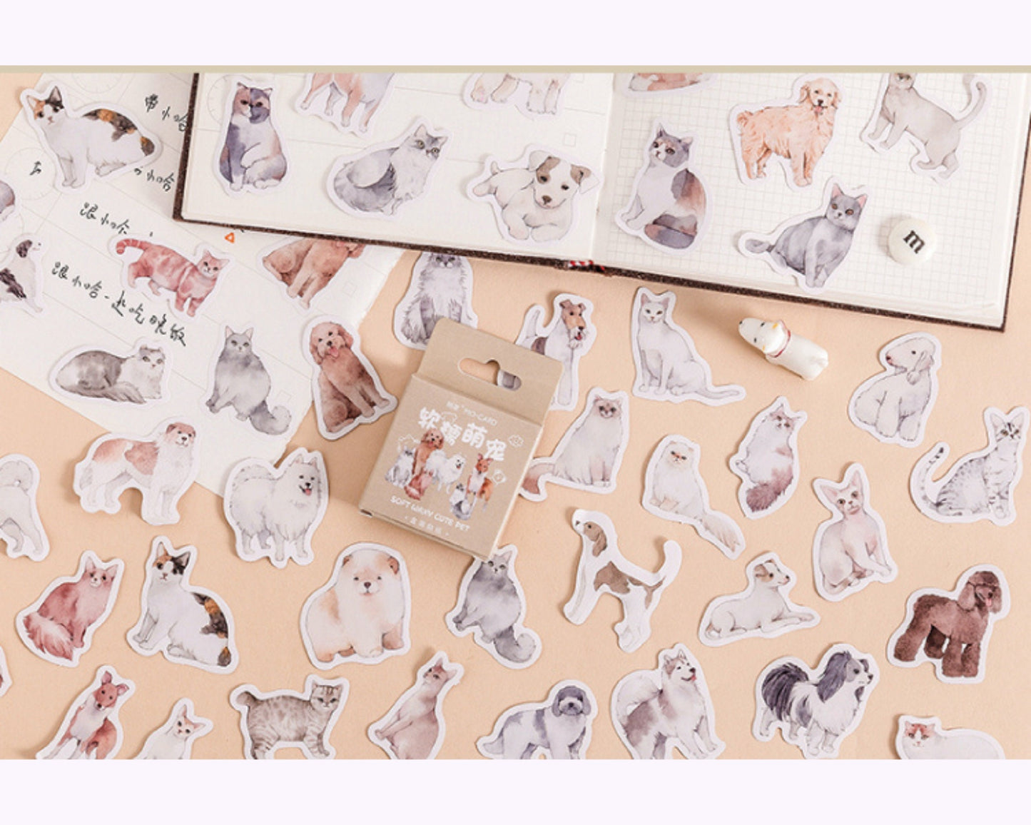 Cute cats and dogs sticker set, kawaii sticker pack - 45pcs