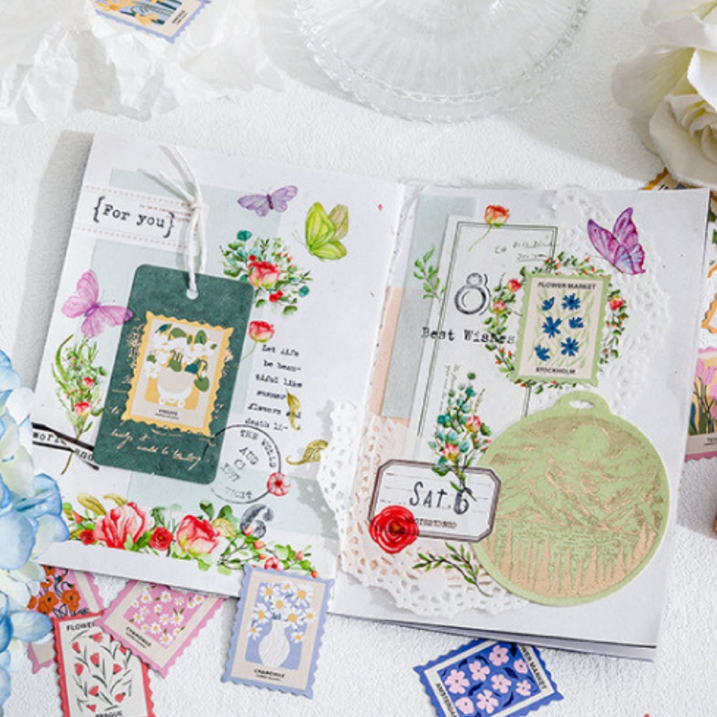 Flower stamps stickers set - 46 peel off stickers