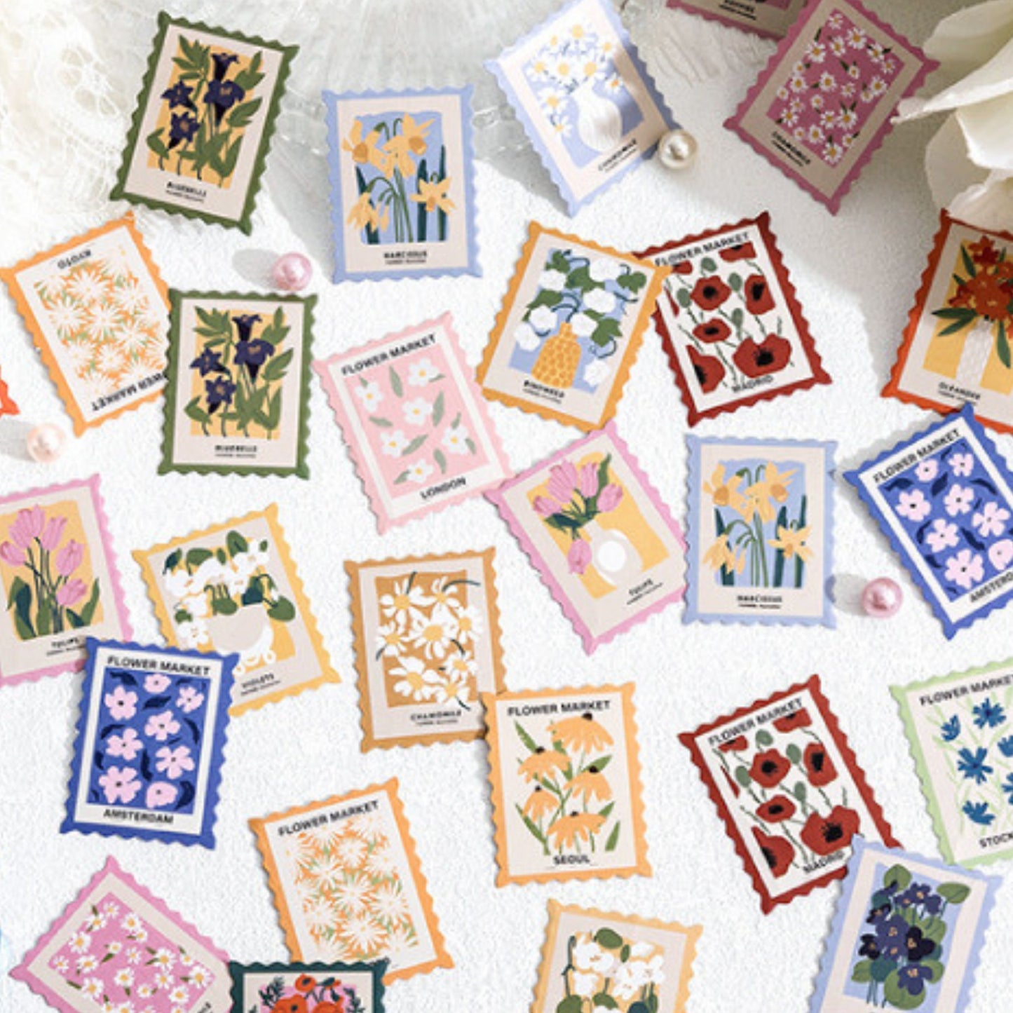 Flower stamps stickers set - 46 peel off stickers