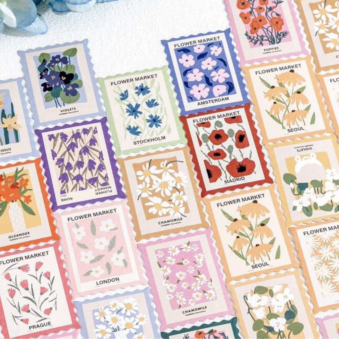 Flower stamps stickers set - 46 peel off stickers